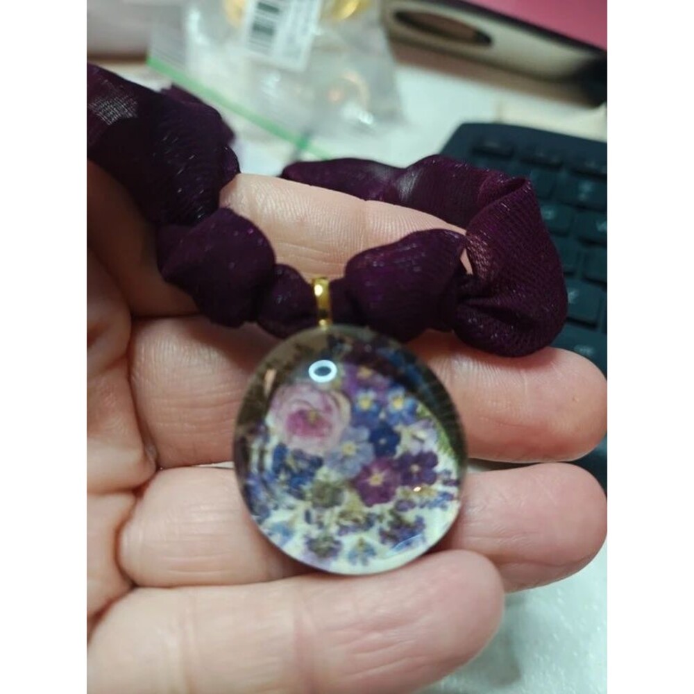 Handmade Pressed Flower Glass Cabochon Necklace | Marble Accent